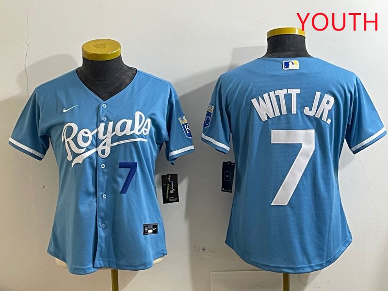 Youth Kansas City Royals 7 Witt jr Light Blue Game 2025 Nike MLB Jersey style 4